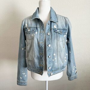 ACTIVE USA Denim Light Wash Distressed Paint Splatter Trashed Blue Jean Jacket L